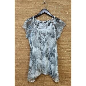 Sheer Lace Floral Blouse Top Gray Black White Rhinestone Size Medium